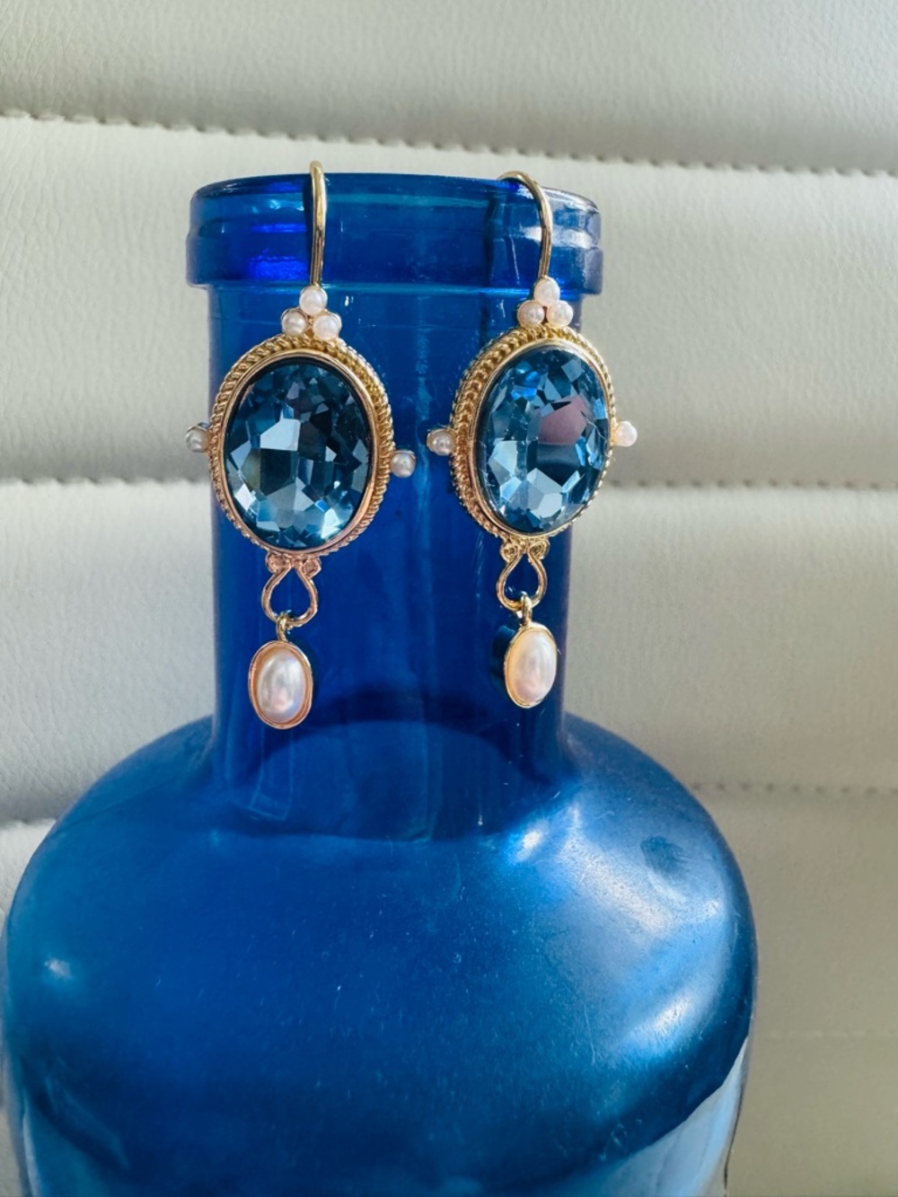 Gold-Trim Blue Crystal and Pearl Drop Earrings